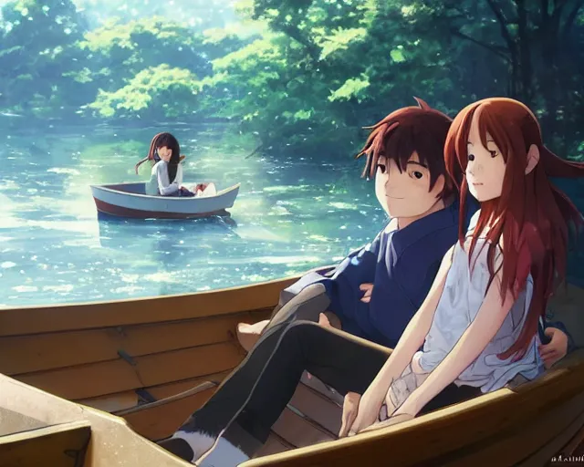 Prompt: a boy and a girl with long flowing auburn hair sitting together in a boat. Atmospheric lighting, long shot, romantic, boy and girl are the focus, trees, blue water. Anime. By Makoto Shinkai, Stanley Artgerm Lau, WLOP, Rossdraws, James Jean, Andrei Riabovitchev, Marc Simonetti, krenz cushart, Sakimichan, D&D trending on ArtStation, digital art.