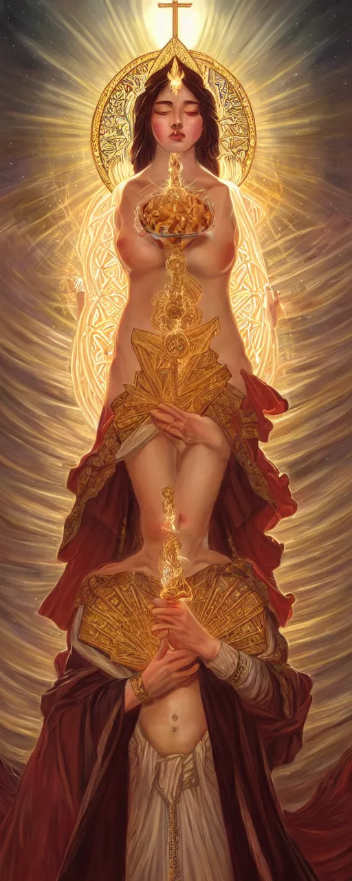 Image similar to perfectly detailed tarot card empress goddess of light!! blessed by nature with ever - increasing physical mental perfection, symmetrical! intricate, sensual features, highly detailed, biblical divine holy perfection!! digital painting, artstation, concept art, smooth, sharp focus, illustration, art by artgerm and greg rutkowski and alphonse mucha