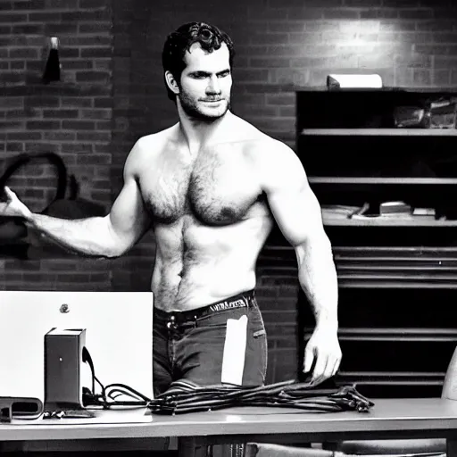 Prompt: shirtless hunky henry cavill building a computer, detailed, by tom of finland