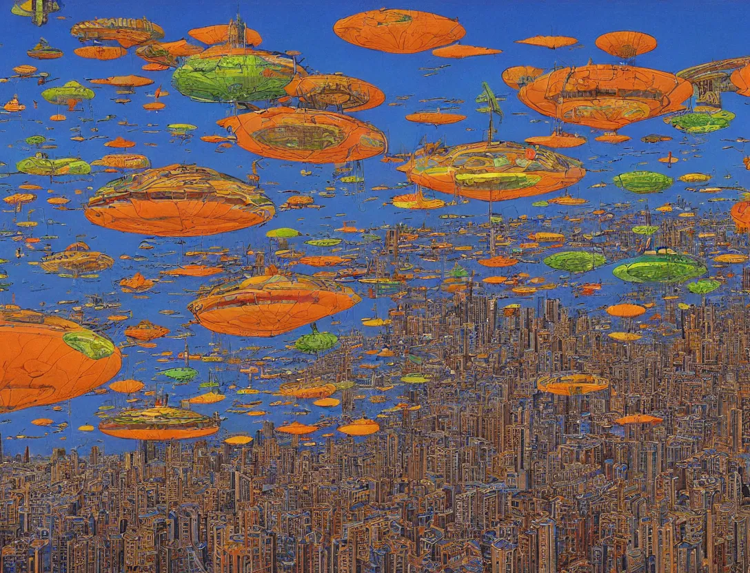 Image similar to ufos flying mysterious banners over the city, by mati klarwein and moebius