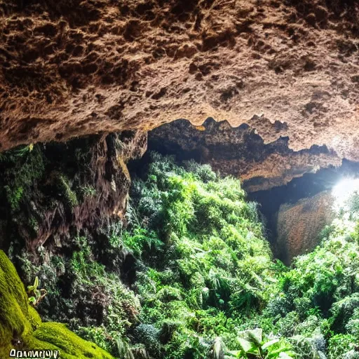 Prompt: a lush cave full of vibrant flora with fluffy clouds in the ceiling of the cave