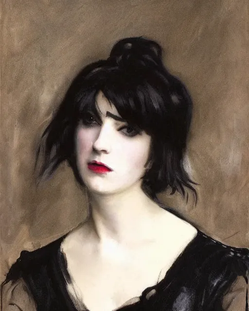 Prompt: A goth portrait painted by John Singer Sargent. Her hair is dark brown and cut into a short, messy pixie cut. She has a slightly rounded face, with a pointed chin, large entirely-black eyes, and a small nose. She is wearing a black tank top, a black leather jacket, a black knee-length skirt, a black choker, and black leather boots.