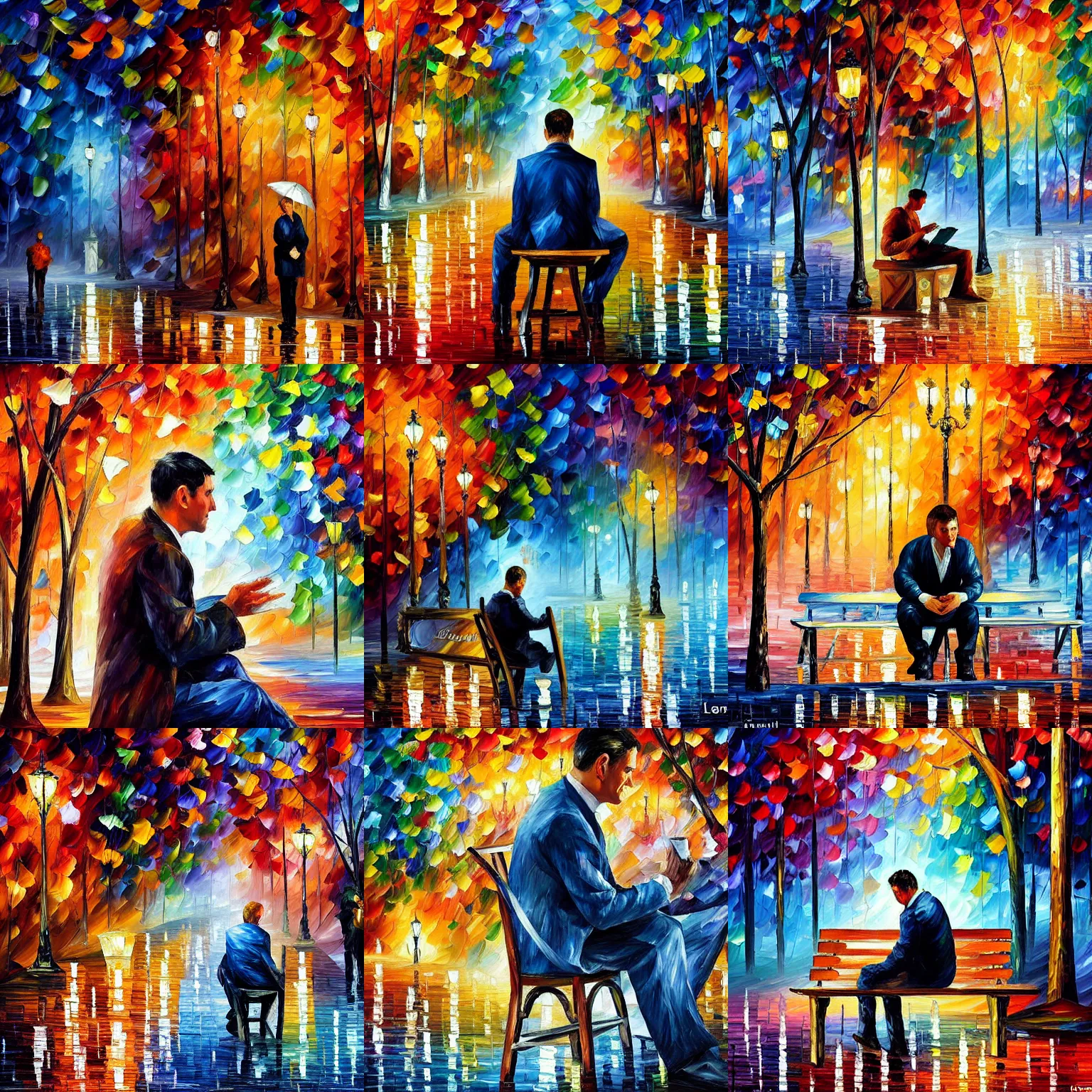 Prompt: a man sitting alone at the dense sea of love, realistic, intricate, highly detailed, 8 k. palette knife oil painting on canvas by leonid afremov.