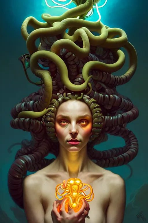 Prompt: portrait, bioluminescent medusa, elegant baroque, asymmetrical art, hyperrealism, colorful, vivid, imposing, epic, digital painting, artstation, concept art, by peter mohrbacher and wlop and rhads and artgerm and magali villeneuve and alphonse mucha