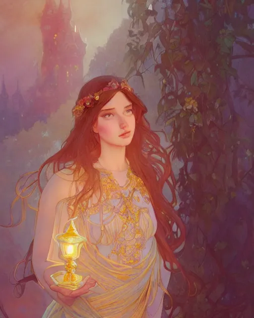 Image similar to secret romance, highly detailed,, gold filigree, romantic storybook fantasy, soft cinematic lighting, award, disney concept art watercolor illustration by mandy jurgens and alphonse mucha and alena aenami, pastel color palette, featured on artstation