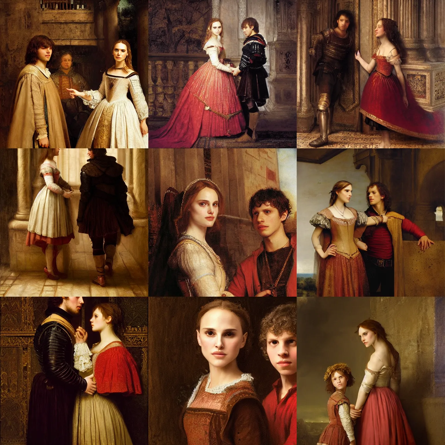 Prompt: juliet ( young natalie portman ) and romeo ( young jesse eisenberg ) in the 1 6 th century verone, oil canvas by greg rutkowski and rembrandt