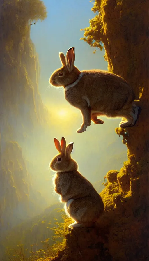 Image similar to rabbit looking off of a cliff, sun setting behind rabbit, lush forest in valley below, painted by tom bagshaw, james gurney, gaston bussiere, craig mullins, j. c. leyendecker 8 k