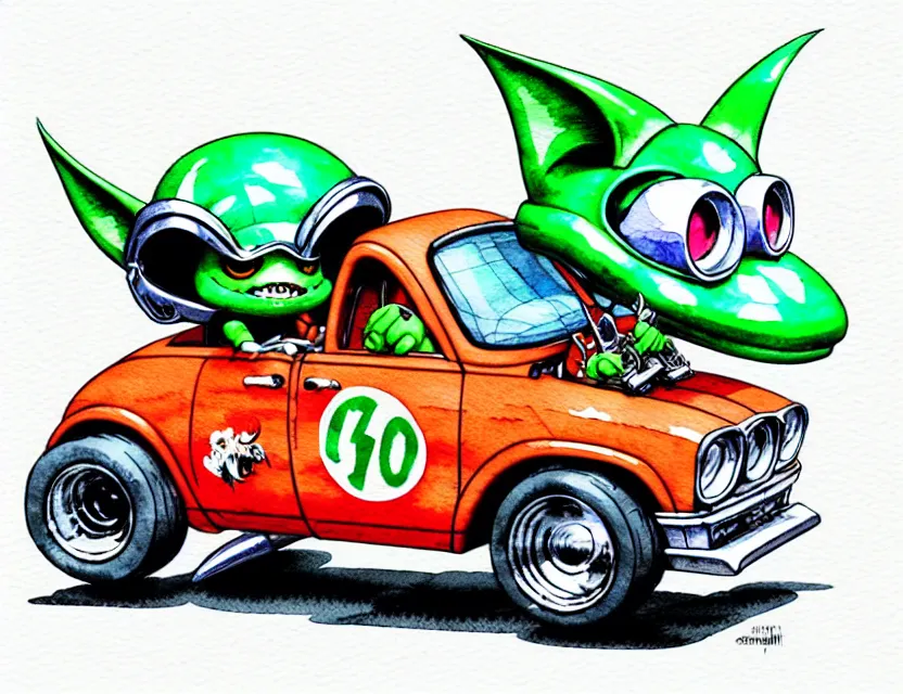 Prompt: cute and funny, gremlin wearing a helmet riding in a hot rod with oversize engine, ratfink style by ed roth, centered award winning watercolor pen illustration, isometric illustration by chihiro iwasaki, edited by range murata, tiny details by artgerm and watercolor girl, symmetrically isometrically centered