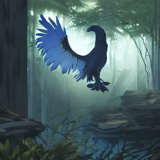 Image similar to concept art painting of an anthropomorphic albino raven wearing dark blue robes, in the deep forest, realistic, detailed, cel shaded, in the style of makoto shinkai and greg rutkowski and james gurney