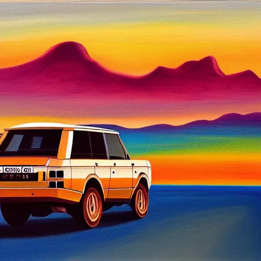 Image similar to a range rover in the desert with mountains in the back during a beautiful sunset in the style of Salvador Dalí, oil on canvas