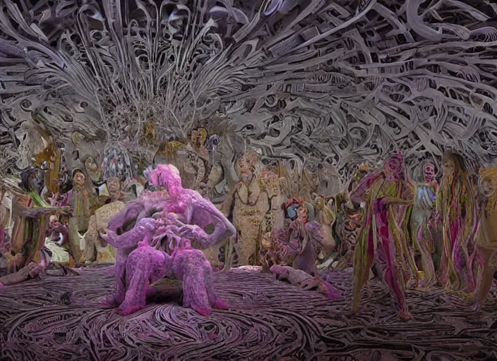 Prompt: still from a alejandro jodorowsky movie shot on 3 5 mm film : : intricate detailed study of a wild, psychedelic nightmare full of imaginary creatures, close - up view : : ultra - detailed technical precision : : high definition 3 d render, unreal engine, 4 k, hi - res textures