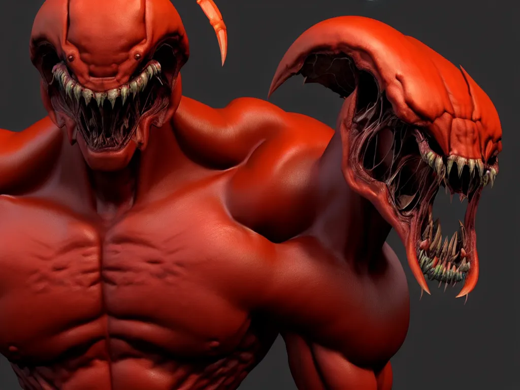 Prompt: doom, muscular body, chiroptera head, chiroptera ears, big sharp teeth, crustacean, hyperrealism, artstation, cgsociety, zbrush, no background