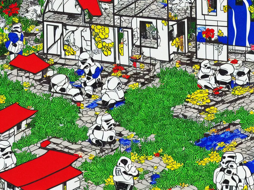 Prompt: super - detailed close - up image of one japanese house with a garden, pond, five stormtroopers sitting around it, in style of pop - art, andy warho style, roy lichtenstein style, jackie tsa stylei, bright palette, acrylic on canvas