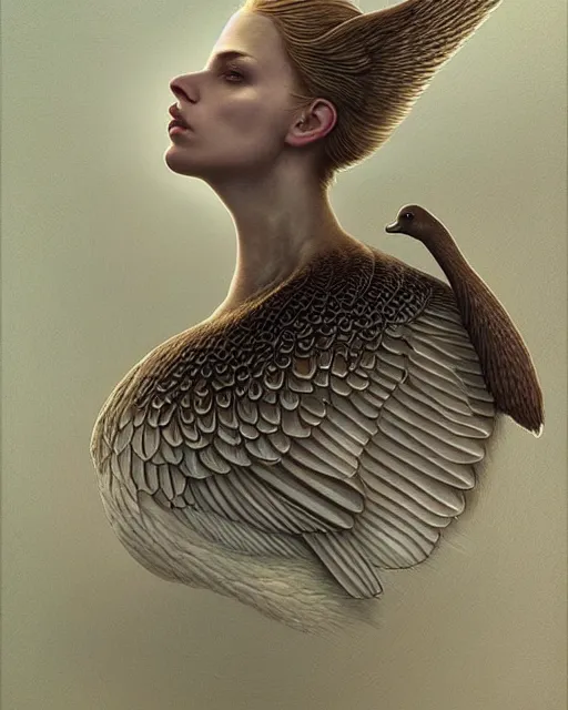 Prompt: complete and delicate portrait of a goose, beautiful, agile, fairy, myth, legend, detailed, trending on artstatioin, light effects, kilian eng, john harris, bastien lecouffe - deharme