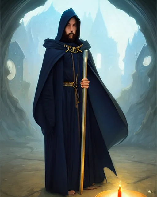 Image similar to tiny male mage at the end of time, long black hair blue eyes wearing cloth mantle gothic navy cloak with gold details, wizard town, fantasy character portrait, ultra realistic, intricate, elegant, cinematic lighting, highly detailed, digital painting, artstation, smooth, sharp, focus, illustration, art by artgerm and greg rutkowski and alphonse mucha