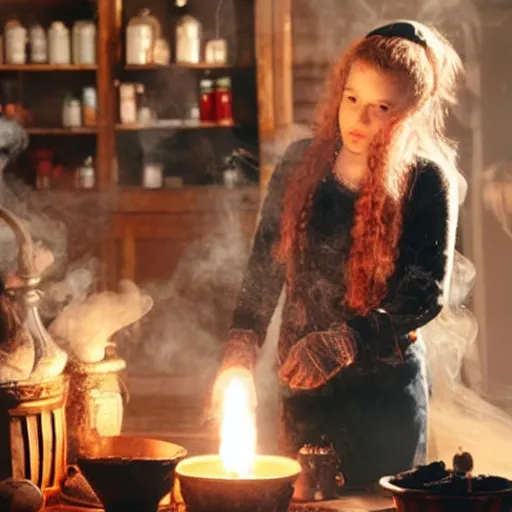 Image similar to teen witch mixing a spell in a cauldron, wispy smoke, studio lighting, a tabby cat watches her work, light is coming out of the cauldron, ingredients on the table, apothecary shelves in the background, still from the tv show just add magic