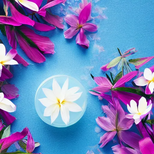 Prompt: centered bright perfume bottle standing in clear blue rippling water surrounded by a plethora of white flowers and tropical leaves and fauna upfront, with dreamy bright blue sky and clouds in the background, softly - lit, soft - warm, zen, light, modern minimalist f 2 0 clean