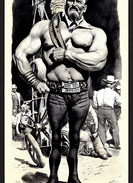 Image similar to old west circus strongman. portrait by jean giraud and anton otto fischer and john philip falter and will eisner and gil elvgren