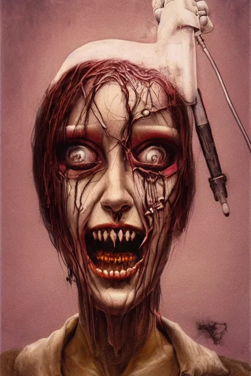 Image similar to surrealism crayon cartoon grunge portrait of a creepy horror nurse girl . intricate artwork. nightmare fuel. terrifying. by zdzisław Beksiński, wlop, dan mumford , trending on artstation, greg rutkowski very coherent symmetrical artwork. cinematic, hyper realism, high detail, octane render, 8k