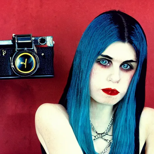 Prompt: close-up, color slide, Kodak Ektachrome E100, studio photographic portrait of a young pale, Goth, Attractive girl, wears ankh necklace, Death, Comic book character, member of the Endless, Nikon camera, 75mm lens, f/2.8 aperture, HD, casual, realistic, punk, people, detail, Bokeh, saturated color, masterpiece image, shutterstock, Curated Collections, Sony World Photography Awards, Pinterest, by Annie Leibovitz