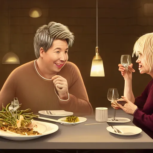 Prompt: portait of michael mcintyre and middle aged blonde woman with short hair and a blonde woman with long hair having dinner at sunday in brooklyn restaurant, anatomy, bathed in light, highly detailed, photorealistic, artstation, smooth, sharp focus, illustration, unreal engine 5, 8 k, art by artgerm and greg rutkowski and edgar maxence