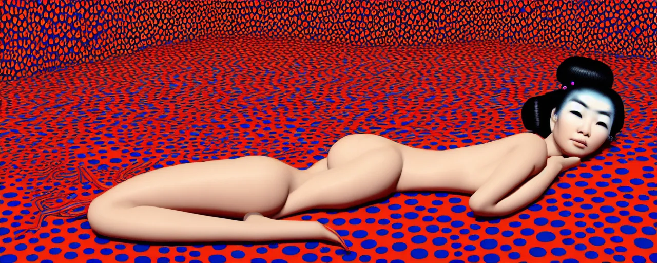 Image similar to realistic detailed image of a geisha laying down in a padded room, conjuring psychedelic background, part by yayoi kusama, part by alex gray, part by ross tran, part by james jean, ultra realistic, highly detailed, life like face, detailed body, 8 k, octane render, trending on artstation, very cohesive, masterpiece