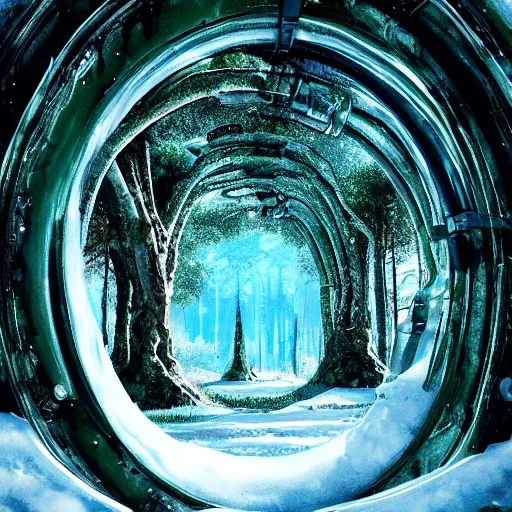 Image similar to frozen derelict portal in a middle of a snowy lush futuristic forest, engine tubes around the portal, green lush world seen only through a portal, daylight, cinematic lighting, blue sky, syd mead, john harris
