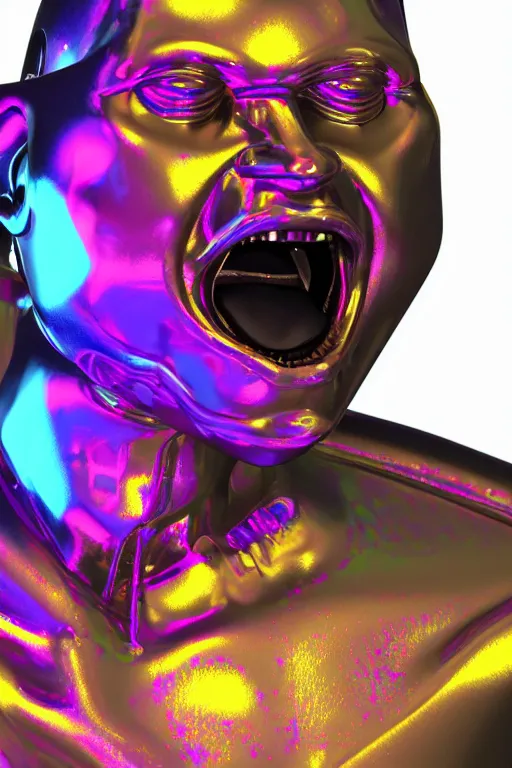 Image similar to 3d render of holographic angry human robotic screaming angry bust made of glossy iridescent, screaming, bust, surrealistic 3d illustration of a human non-binary, non binary model, 3d model human, cryengine, made of holographic texture, holographic material, holographic rainbow, concept of cyborg and artificial intelligence