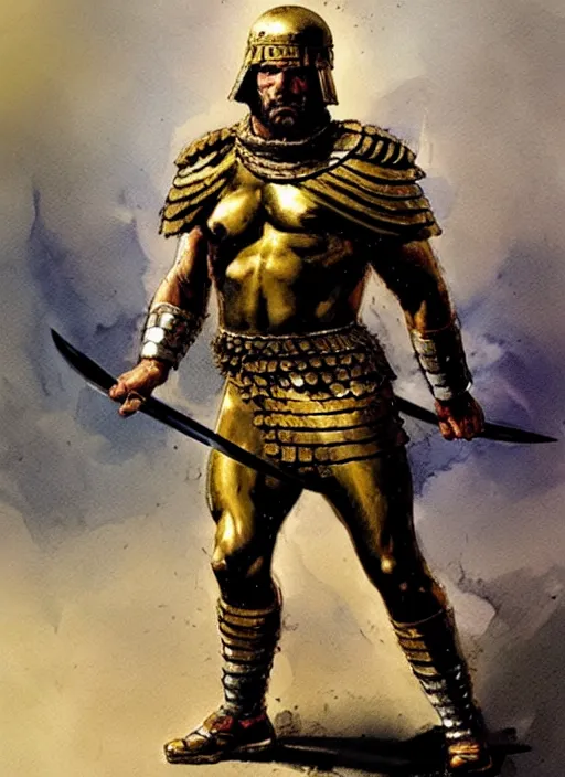 Image similar to muscular roman soldier with sword by simon bisley and greg rutkowski, full body gold plate armor! dynamic battle pose, vivid color scheme