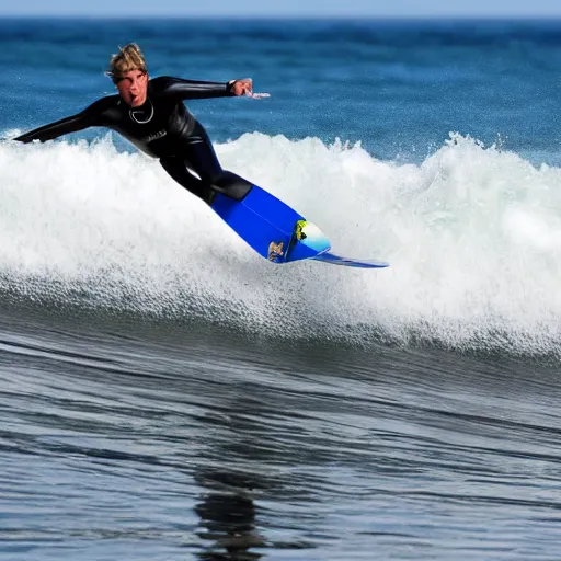 Image similar to a surfer using a snowboard to surf a wave, action photo