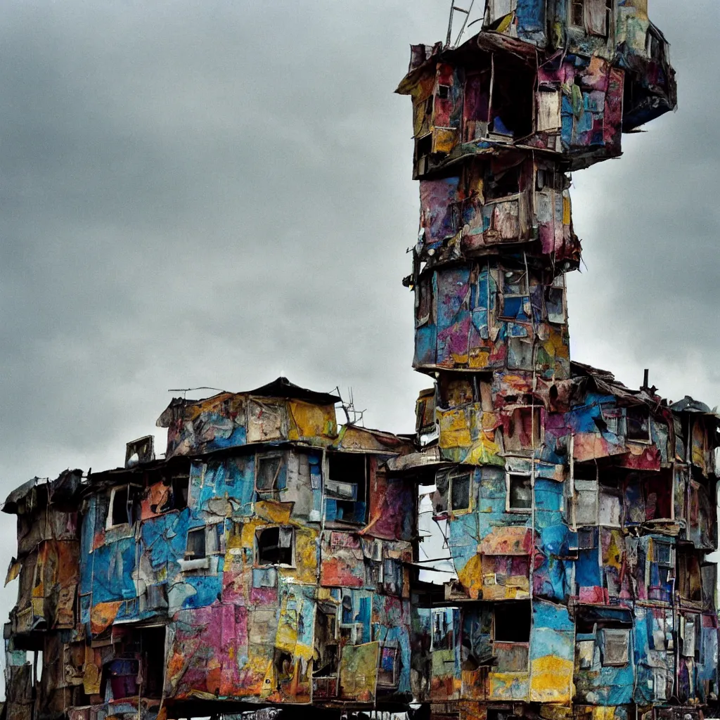 Image similar to close - up view of a tower made up of colourful makeshift squatter shacks with bleached colours, moody cloudy sky, dystopia, mamiya, f 1. 8, very detailed, photographed by bruno barbey