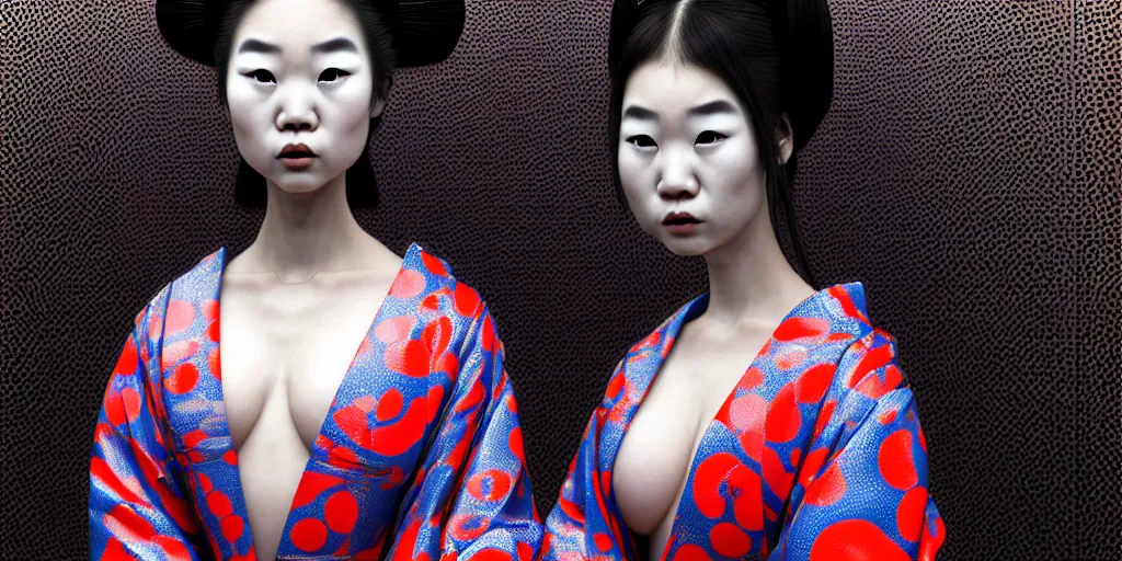 Image similar to hyperrealistic detailed image of a geisha in a art installation room, hd smooth interior by yayoi kusama, part by kei mieno, part by ross tran, dark art by james jean, ultra realistic, highly detailed, life like face, detailed body, 8 k, 3 d render by roger magrini, masterpiece