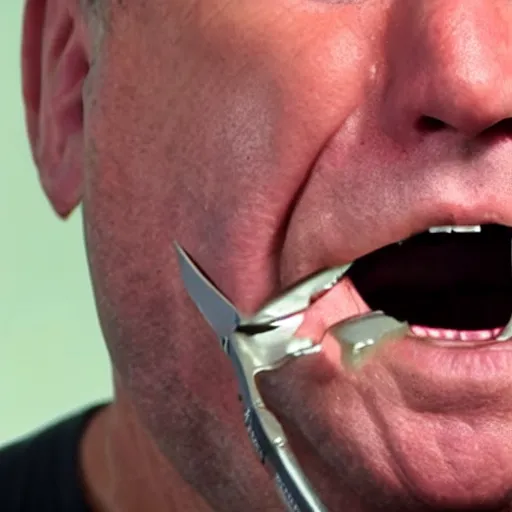 Image similar to alex jones pulling his own teeth out with a pair of pliers, 4k hyperrealistic