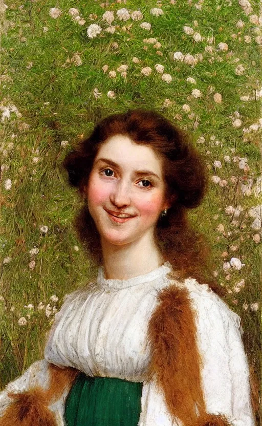 Image similar to portrait, woman!!, by eugen von blaas!! short! brown hair, fuzzy hair!!, smiling, looking at us, symmetrical face, perfect eyes, slight blush!! green plants background!!!