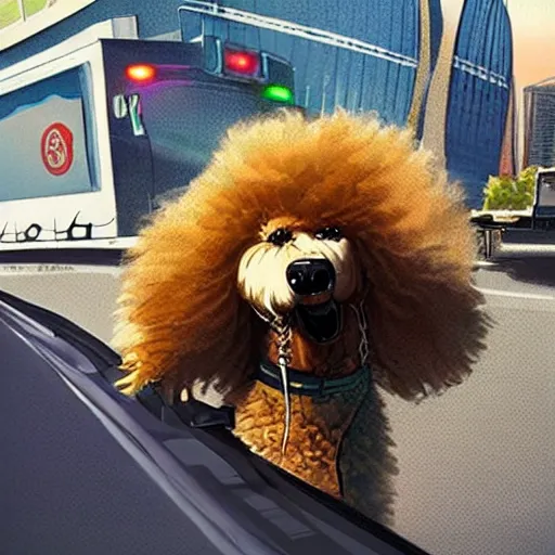 Prompt: fluffy poodle [ [ sticking its head out of the window ] ]!!, driving a cybertruck in las vegas, [ digital art ]!!, trending on cgsociety