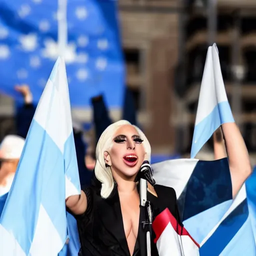 Image similar to Lady Gaga as president, Argentina presidential rally, Argentine flags behind, bokeh, giving a speech, detailed face, Argentina