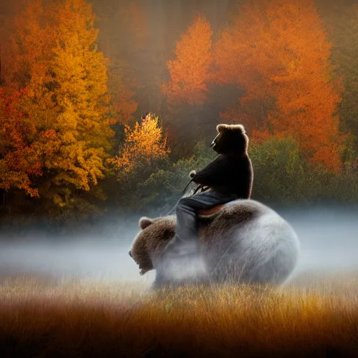 Prompt: a photo of bob ross riding on the back of brown bear in alaska at fall season, outdoor lighting, realistic, photo, national geographic photo, volumetric, fog