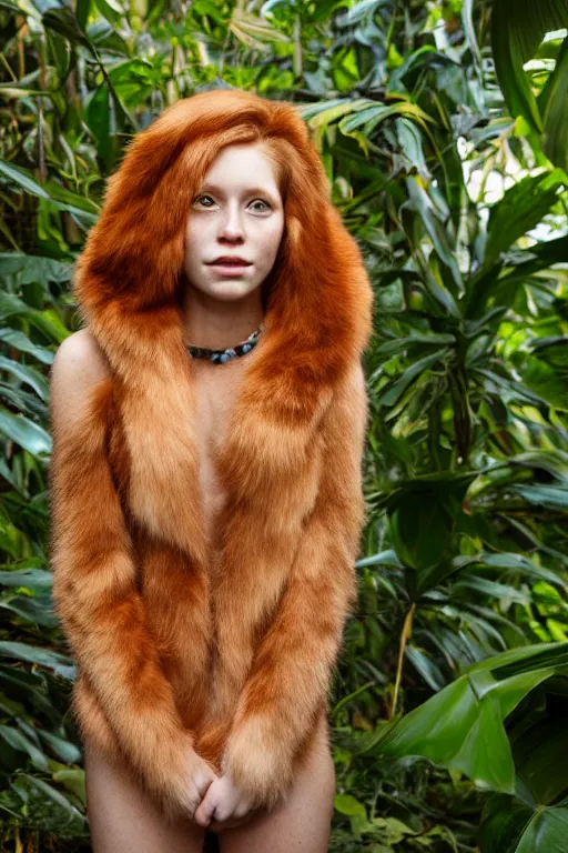 Image similar to a professional portrait photo of a dressed catgirl in the tropical jungles, ginger hair and fur, extremely high fidelity, natural lighting, national geographic magazine cover.