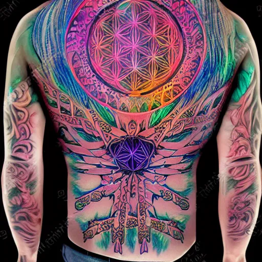 Prompt: medicine man with psychedelic face tatoos made with the flower of life, and golden ratio patterns, dimethyltriptamine visions 8 k /