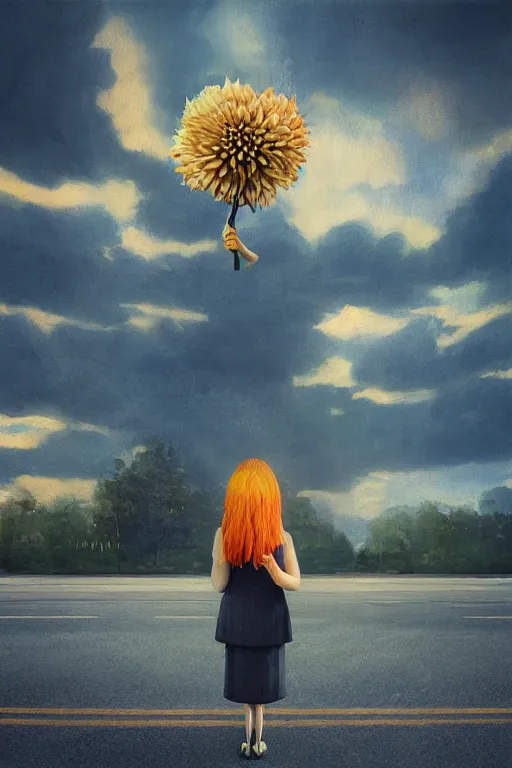 Image similar to closeup giant dahlia flower head, girl in a suit, standing in street, surreal photography, sunrise, dramatic light, impressionist painting, digital painting, artstation, simon stalenhag