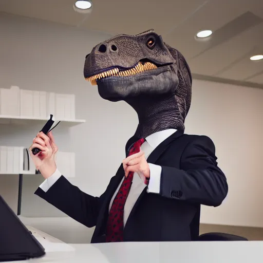 Prompt: dinosaur in a suit working late at the office