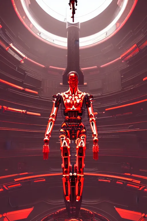 Image similar to high detailed space station interior a statue jesus on cross made of red marble, perfect symmetrical body, full body shot, inflateble shapes, white biomechanical details, wearing epic bionic cyborg implants, masterpiece, intricate, biopunk, vogue, highly detailed, artstation, concept art, cyberpunk, octane render