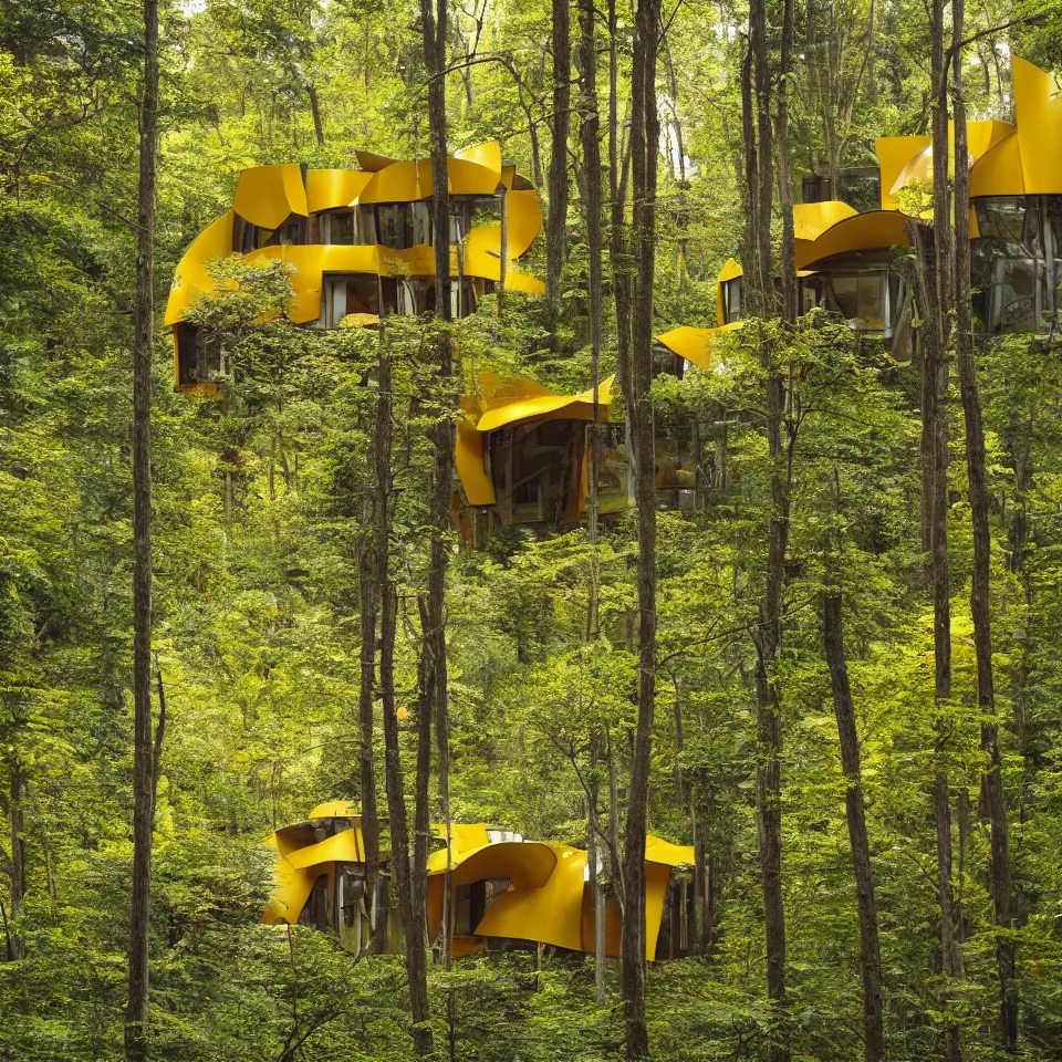 Image similar to a small flat house in the forest, designed by Frank Gehry. Big Tiles. Film grain, cinematic, yellow hue