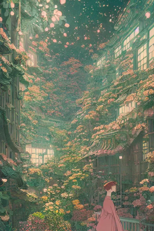 Image similar to a beautiful hyperdetailed matte illustration victo ngai style of absolutely beautiful blooming flower house alone, perfectly shaded, atmospheric lighting, style of studio ghibli, makoto shinkai, raphael lacoste, louis comfort tiffany, artgerm, james jean, ross tran, chinese style