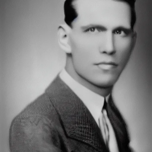 Image similar to A photograph portrait of Jerma985 wearing a suit with short slicked hair in the early 1930s, taken in the early 1930s, grainy, taken on a early 1930s Kodak Camera, realistic, hyperrealistic, very realistic, highly detailed, very detailed, extremely detailed, detailed, digital art, trending on artstation