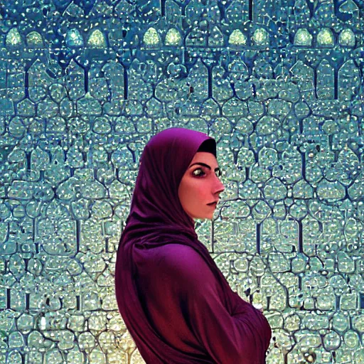 Image similar to detailed face of an arabic woman, terrazzo courtyard, moment, tectonic sky, skydome, reactor, utopian, tech noir, wet reflections, prism, atmospheric, ambient, pj crook, syd mead, livia prima, artgerm, greg rutkowski, nick alm, casey baugh