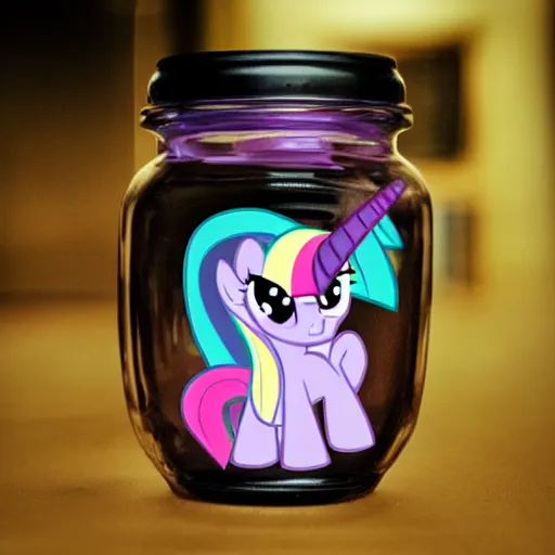 Image similar to a my little pony figure in a jar covered in a mysterious sticky yellowish fluid