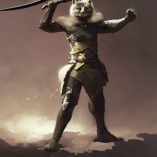 Image similar to character concept portrait, a warrior cat holding a sword in a combat stance. dark background. bright glowing. digital painting, concept art, smooth, sharp focus, illustration, from metal gear, by ruan jia and mandy jurgens and william, adolphe bouguereau, artgerm