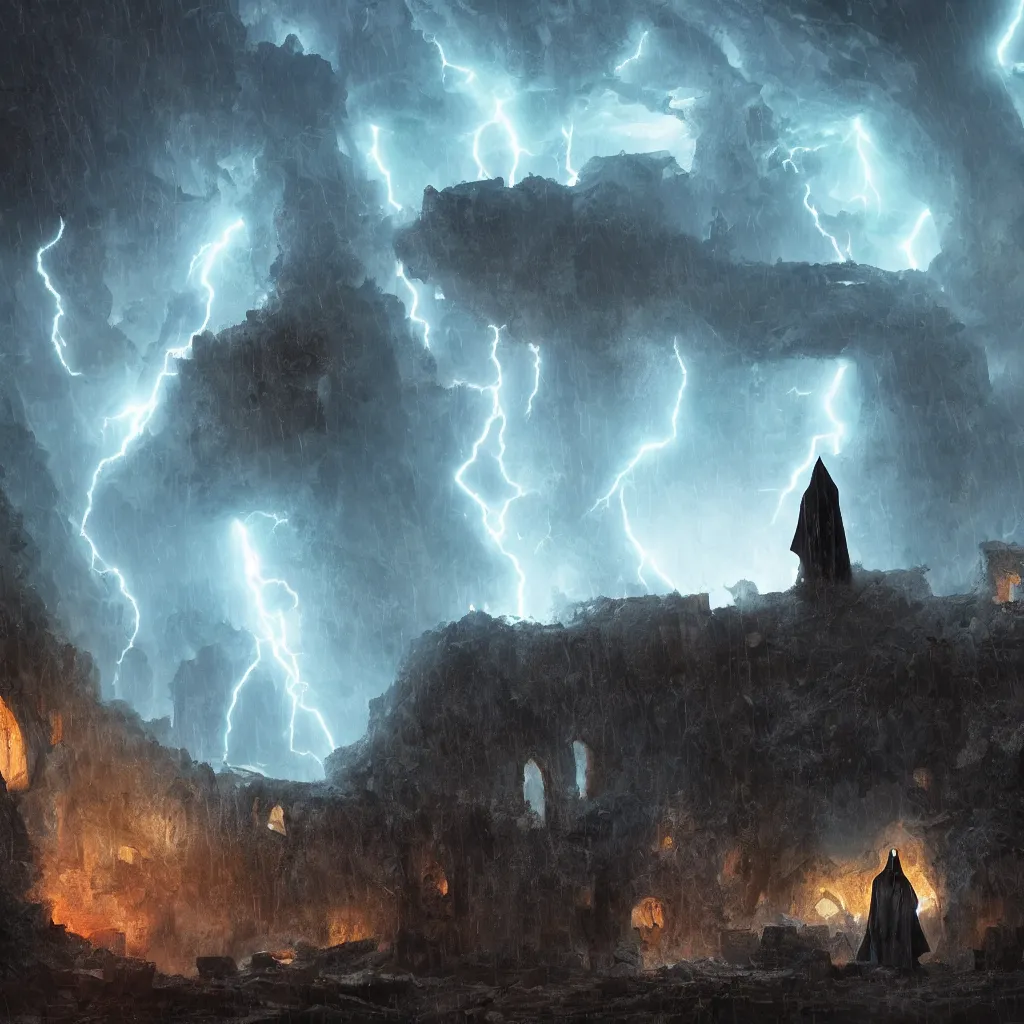 Image similar to a still of a cloaked figure standing in the ruins of crux prime, monastery, there is lightning, blue fiery maelstrom in the distance, it is raining, digital art, artstationhq