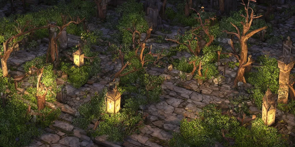 Prompt: medieval gardens at night, dead trees, bushes, thorns, stone pathways, stairs, ponds, gazebos, bridges, 3d model, miniature, iso, isometric view, gas lighting, stone and wood, dead tree, digital art, riot games, blizzard entertainment